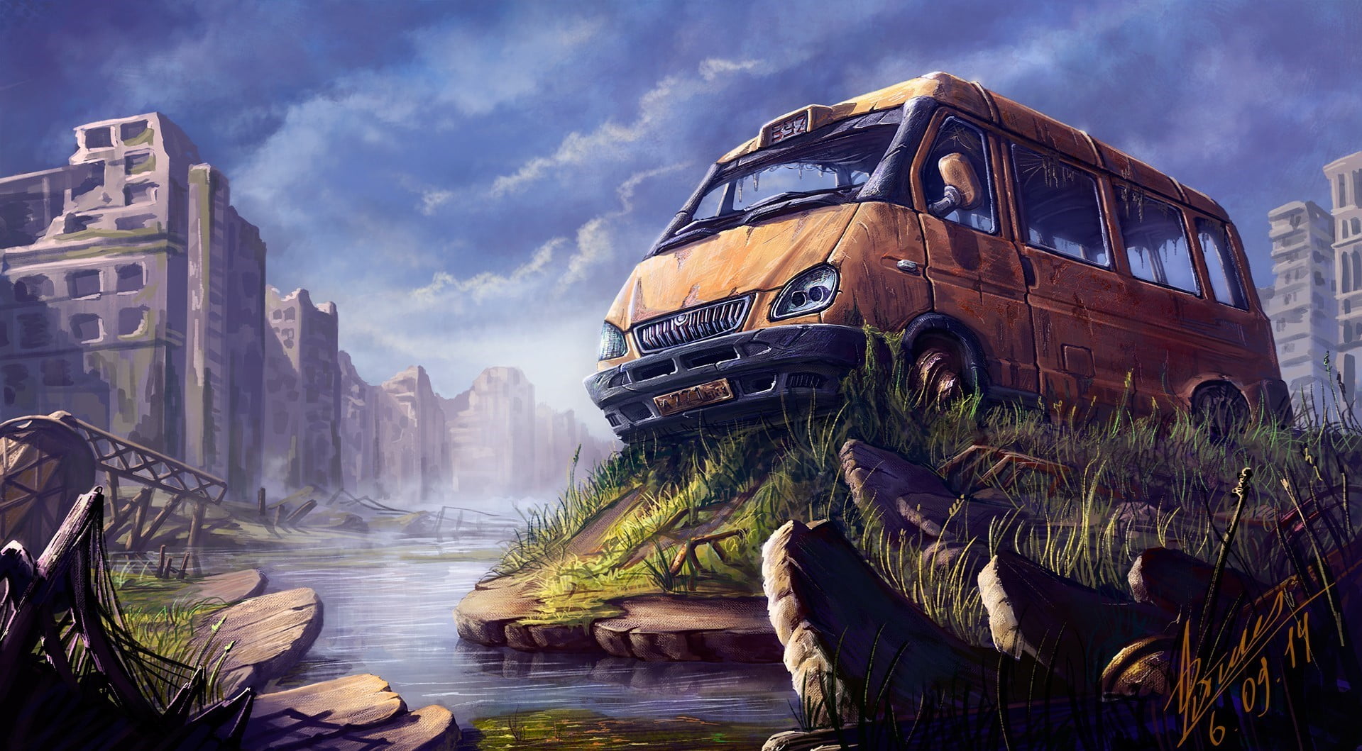 brown minivan graphic cover, artwork, apocalyptic