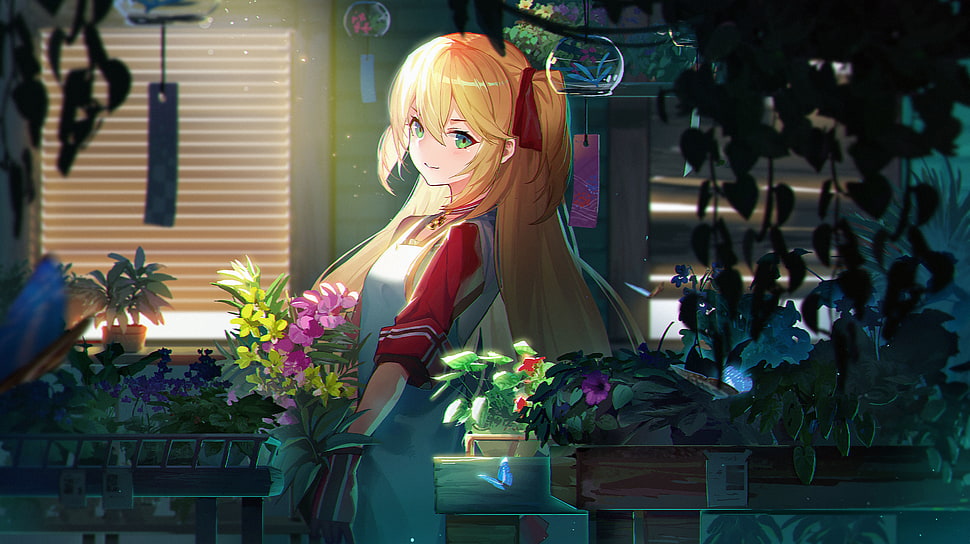 yellow haired female anime character illustration, flowers, blonde, twintails HD wallpaper