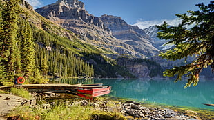 red wooden boat, lake, boat, mountains, landscape