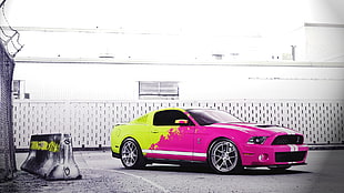 pink and neon-green Ford Mustang coupe, Ford, Ford Mustang, car, vehicle