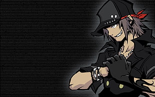 man in black suit and black cap character