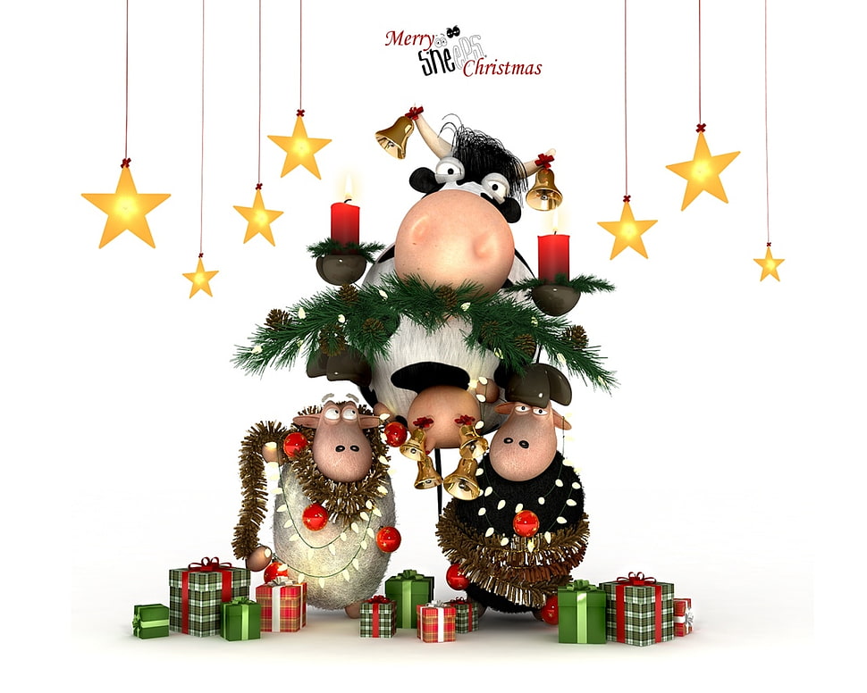 white and black cattle and sheep Christmas-themed illustration HD wallpaper