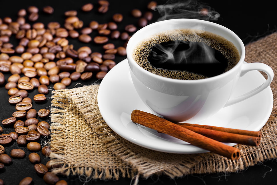 white ceramic tea set filled with black coffee screenshot HD wallpaper