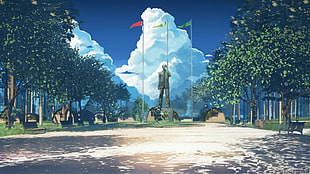 man monument near trees under blue sky and white clouds, anime