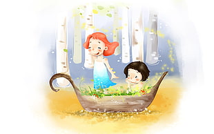 two kids riding boat illustration