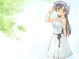 female anime character with white tank dress and blue bucket hat digital wallpaper