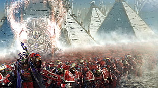 warriors near grey pyramid digital wallpaper