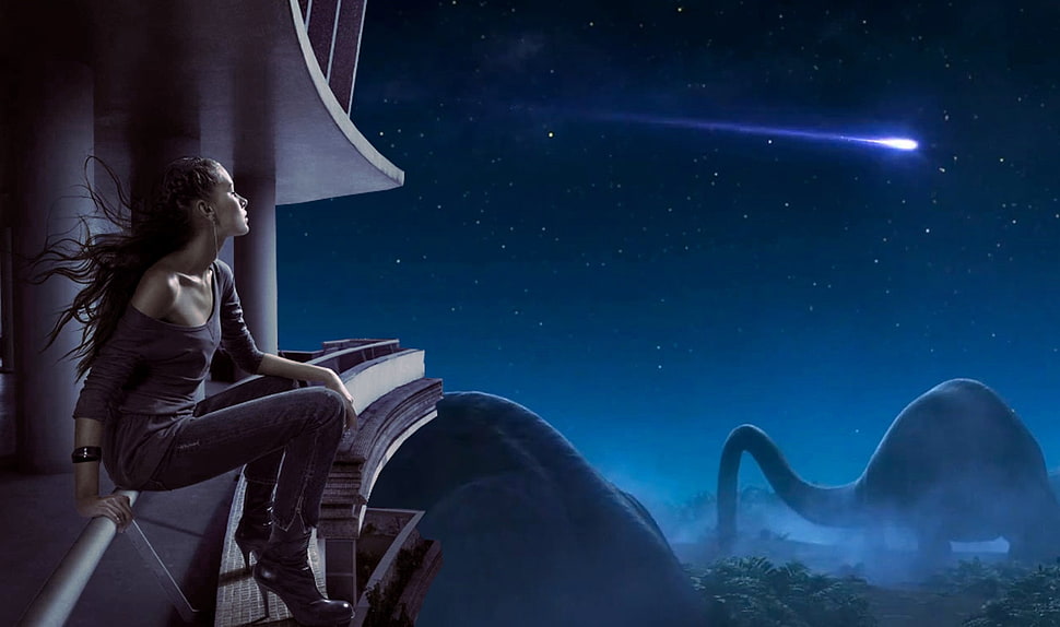 woman with dinosour and comet HD wallpaper
