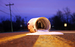 white paint can, painting, road, liquid, worm's eye view