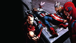 The Death of Captain America with Thor, Flash and Ironman on his side illustration