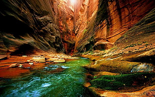 red and brown rock mountain with green clear river photo