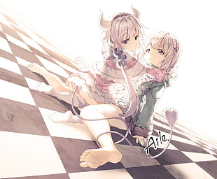 two girls sitting on checkered floor illustration HD wallpaper