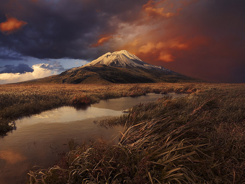 glacier mountain, mountains, river, clouds, sunset HD wallpaper