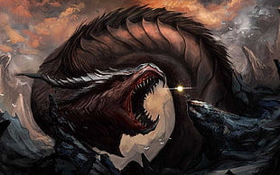 brown dragon illustration, fantasy art, dragon, battle, creature