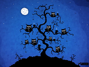 silhouette of bare tree and owls illustration, minimalism, pixel art, Vladstudio