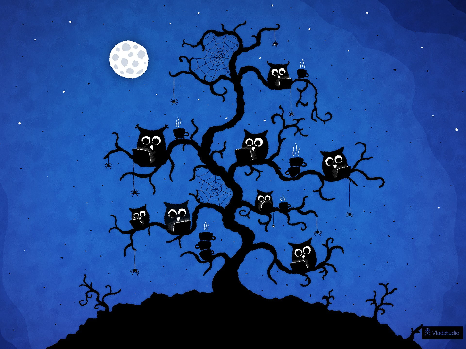 silhouette of bare tree and owls illustration, minimalism, pixel art, Vladstudio