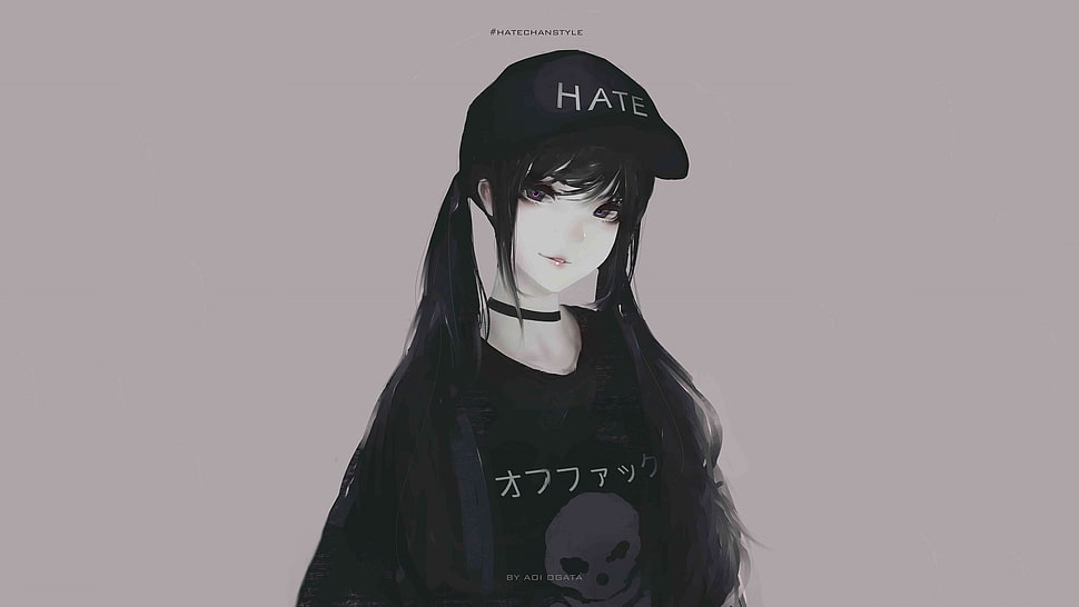 girl with black cap and black shirt animated character wallpaper, Aoi Ogata, digital art, women, simple background HD wallpaper