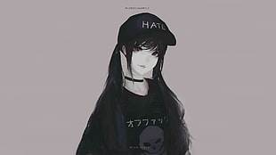 girl with black cap and black shirt animated character wallpaper, Aoi Ogata, digital art, women, simple background HD wallpaper