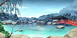 red bridge near body of water painting, anime, landscape, nature, peace
