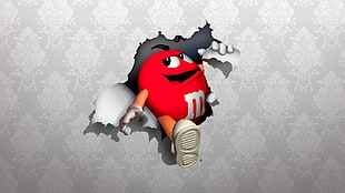 red M&M character breaking through wallpaper illustration, candies, sweets, m&m's, walking