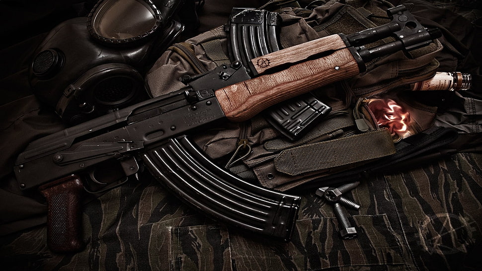 black rifle, vodka, gas masks, AK-47 Draco, S.T.A.L.K.E.R. HD wallpaper