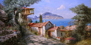 concrete houses near trees, ocean and mountain cliff landscape painting