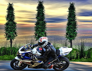 person wearing black safety gear riding white and blue Suzuki GSX R on road