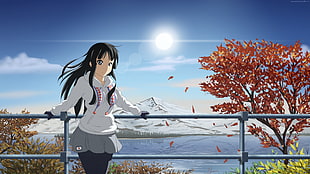 female anime character wearing white hoodie and gray skirt