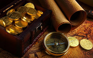 gold-colored compass, compass, map, gold, coins HD wallpaper