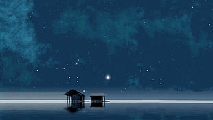 two gray wooden float cottages, calm, night, stars, sky