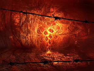 black barbed wire, digital art, artwork, fantasy art, fire