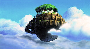 brown and green island on sky illustration, Hayao Miyazaki, Castle in the Sky, anime, Laputa