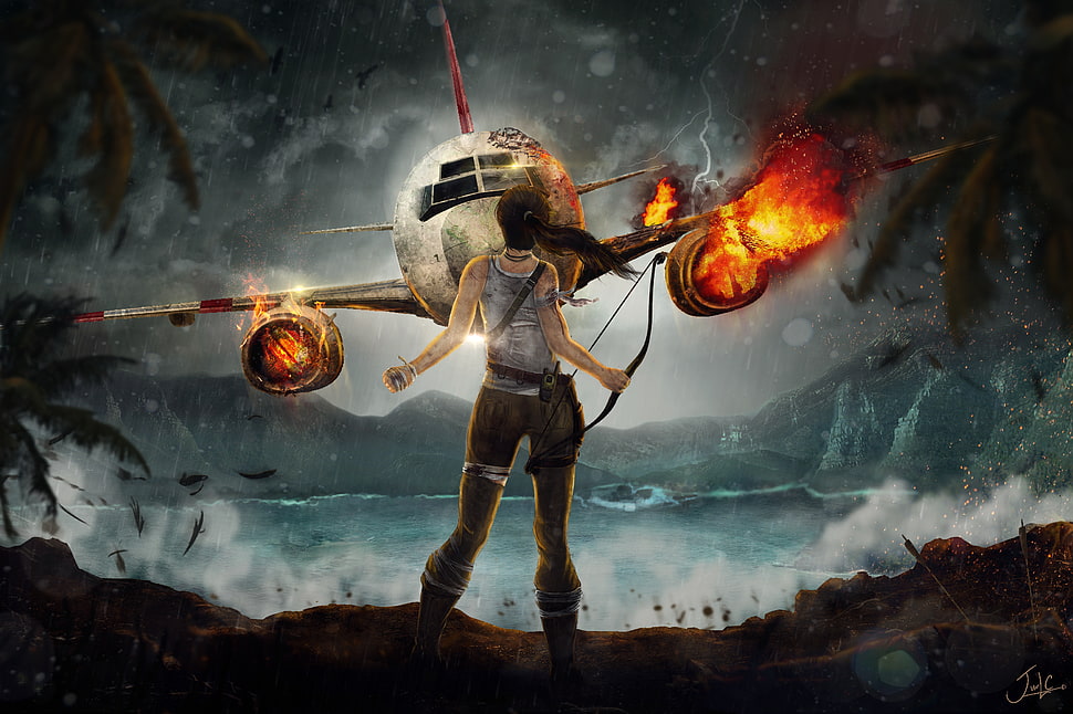 Tomb Raider Lara Croft holding compound bow in front of flying plane artwork HD wallpaper
