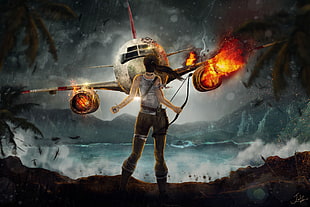 Tomb Raider Lara Croft holding compound bow in front of flying plane artwork