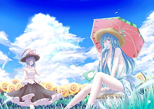 blue haired female anime character, Touhou, Hinanawi Tenshi , sunflowers, umbrella
