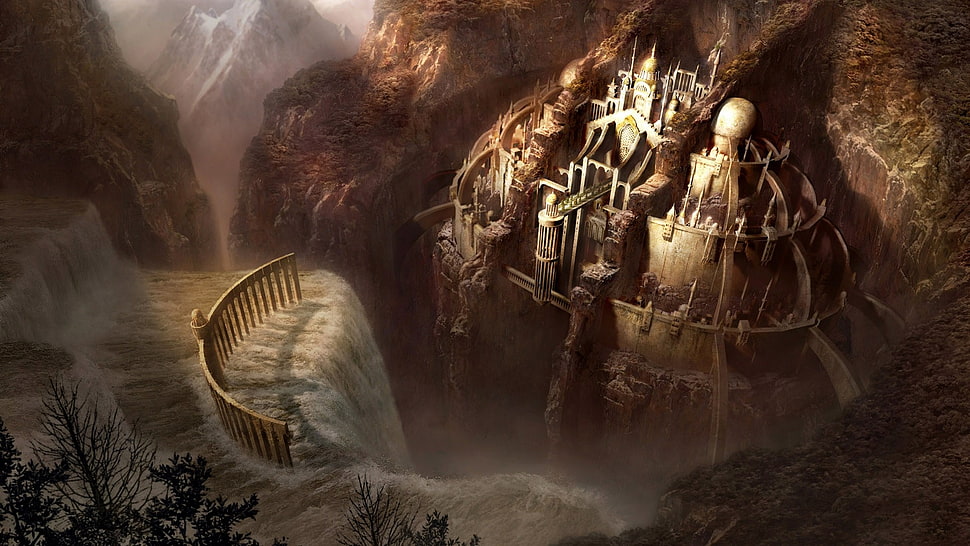 brown castle illustration, castle, waterfall, fantasy art, landscape HD wallpaper