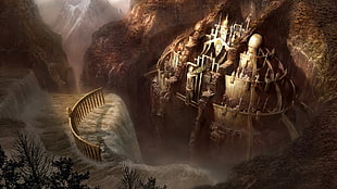 brown castle illustration, castle, waterfall, fantasy art, landscape