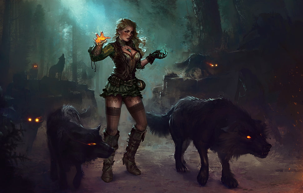 female beast master digital wallpaper, fantasy art, magic, wolf HD wallpaper