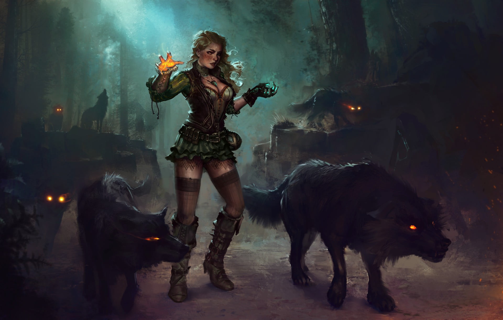 female beast master digital wallpaper, fantasy art, magic, wolf