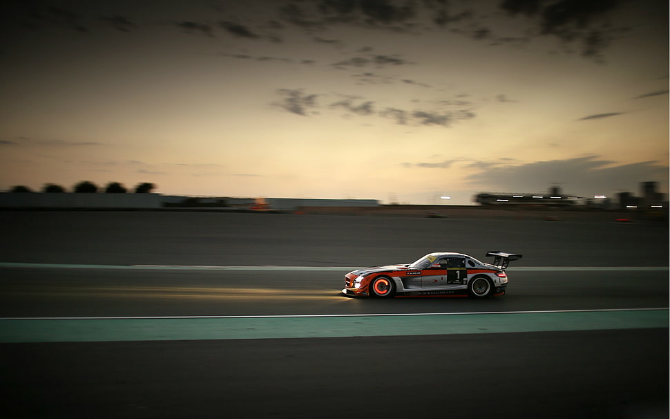 white, red, and black racing car, car, Mercedes SLS, racing, sunset HD wallpaper