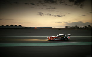 white, red, and black racing car, car, Mercedes SLS, racing, sunset