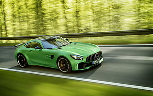 green Mercedes-Benz coupe, Mercedes-AMG GT R, car, vehicle, motion blur HD wallpaper