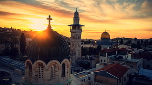 beige concrete tower, Jerusalem, sky, sunset, cross