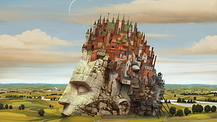 village on top of person's head illustration, digital art, Jacek Yerka