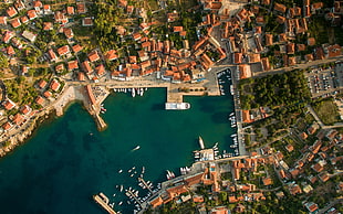 aerial view of body of water surrounded by buildings