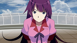 purple haired female anime character illustration, anime, Monogatari Series, Senjougahara Hitagi, blue eyes