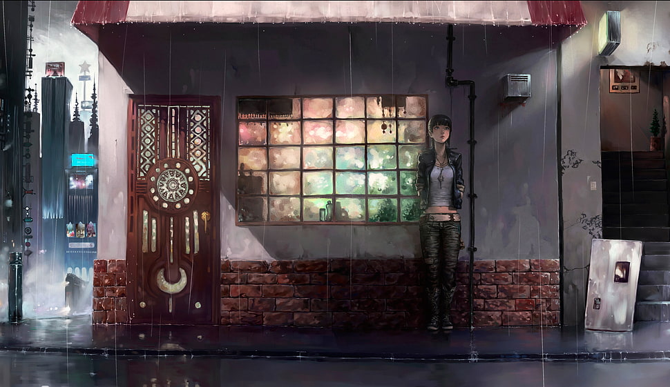 woman standing near window anime digital wallpaper, anime girls, anime, rain, city HD wallpaper