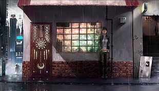 woman standing near window anime digital wallpaper, anime girls, anime, rain, city