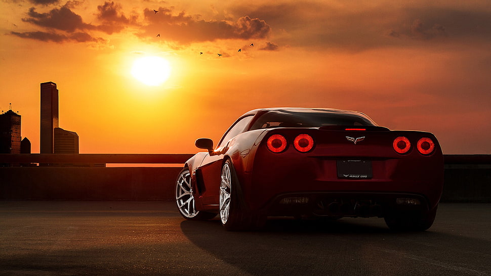 red Chevrolet Corvet, car, sunset, Corvette HD wallpaper