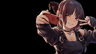 female anime character holding smartphone illustration, anime, manga, anime girls, simple background HD wallpaper